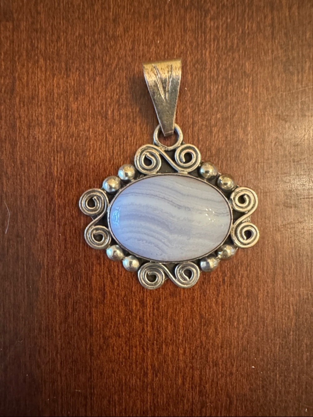 Sterling Silver (925)  Blue Lace Agate Oval Pendant Necklace